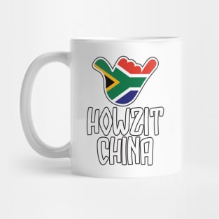 Howzit China - South African greeting and shaka sign with South African flag inside Mug